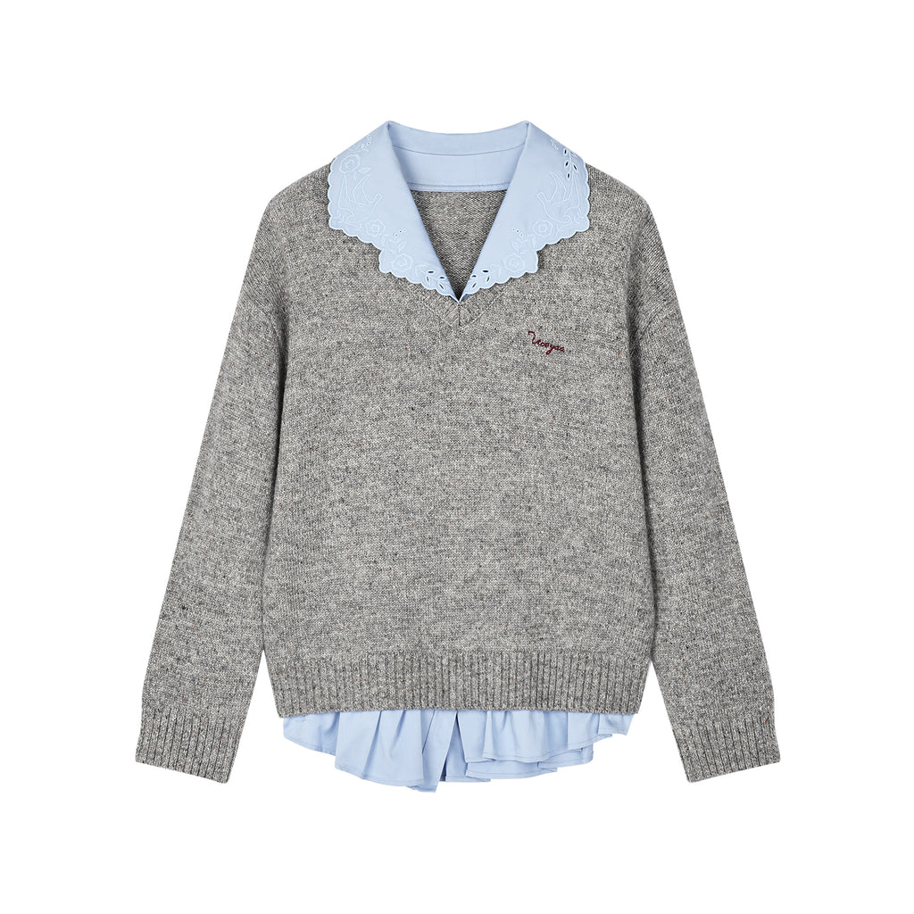 V-neck layered-look pullover with shirt detail