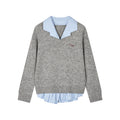 V-neck layered-look pullover with shirt detail