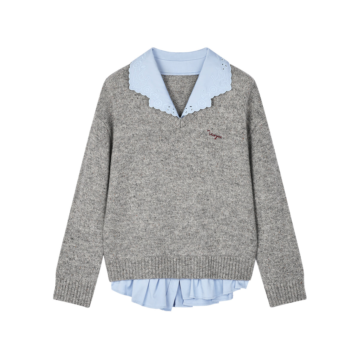 V-neck layered-look pullover with shirt detail