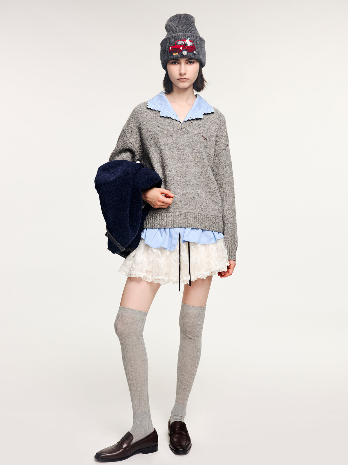 V-neck layered-look pullover with shirt detail