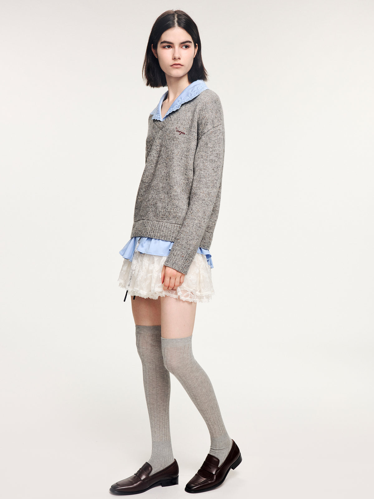V-neck layered-look pullover with shirt detail