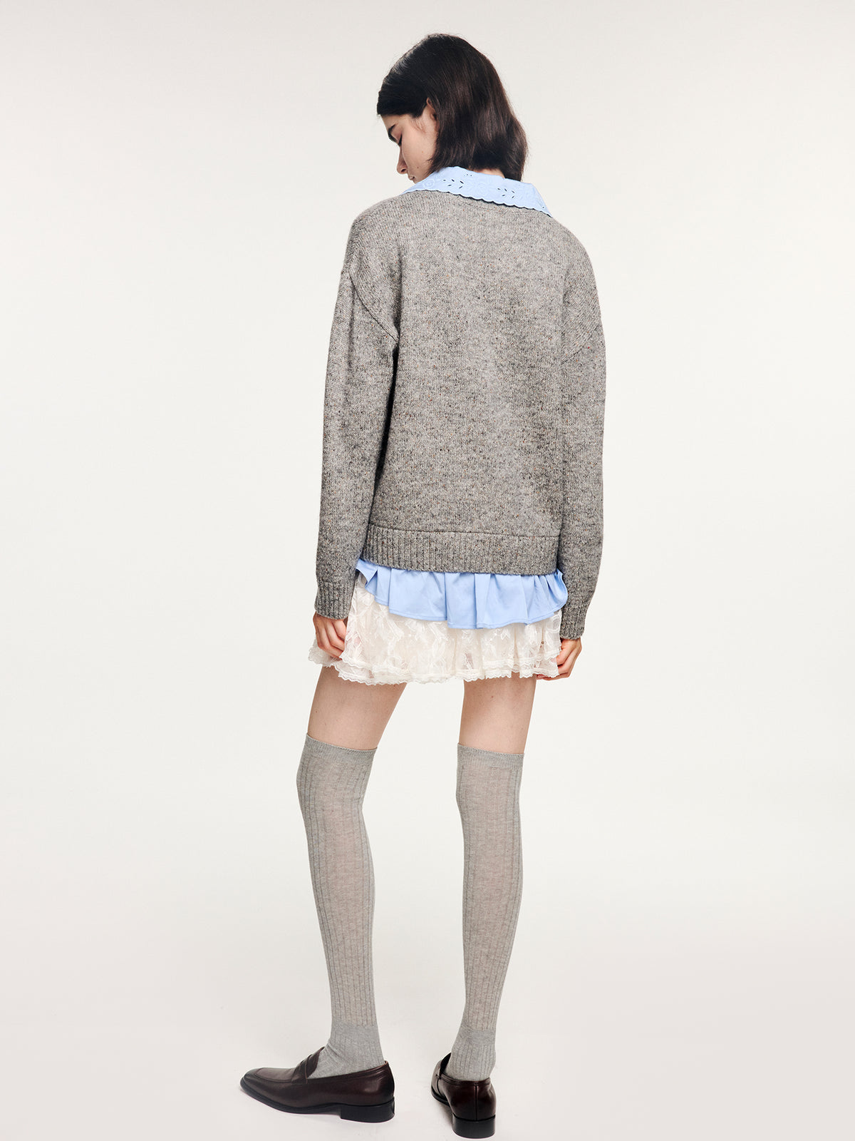 V-neck layered-look pullover with shirt detail