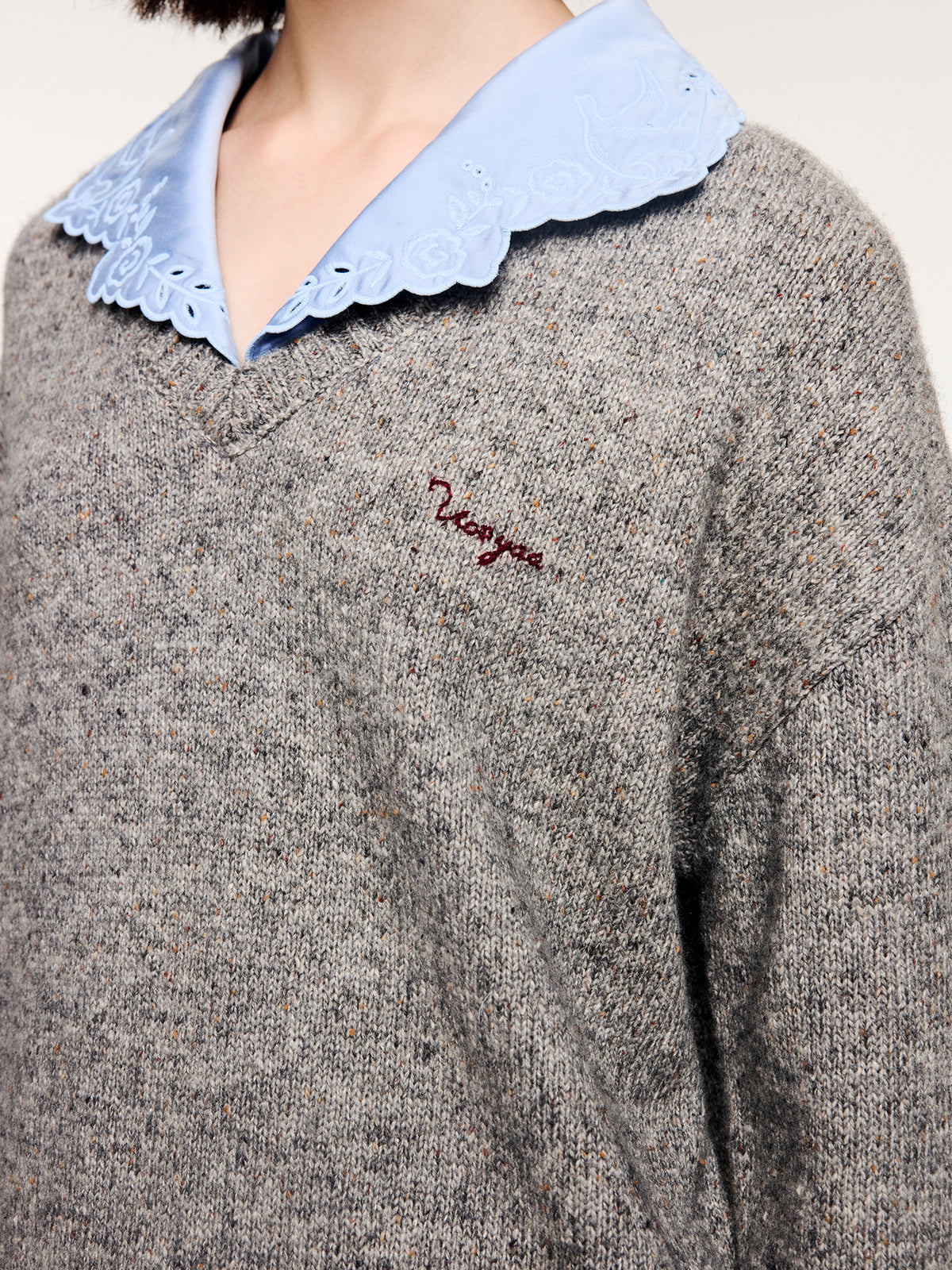 V-neck layered-look pullover with shirt detail
