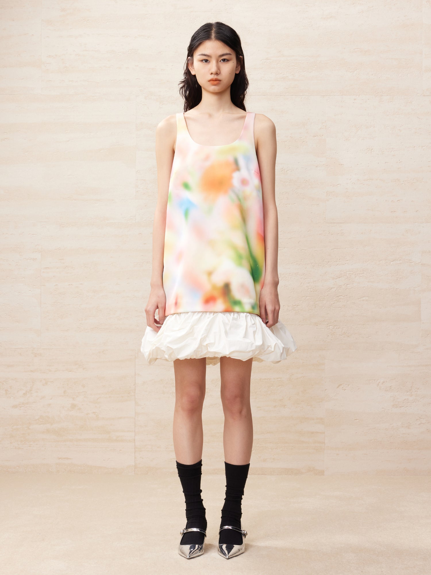 Blurred pastel pattern white bubble edge dress