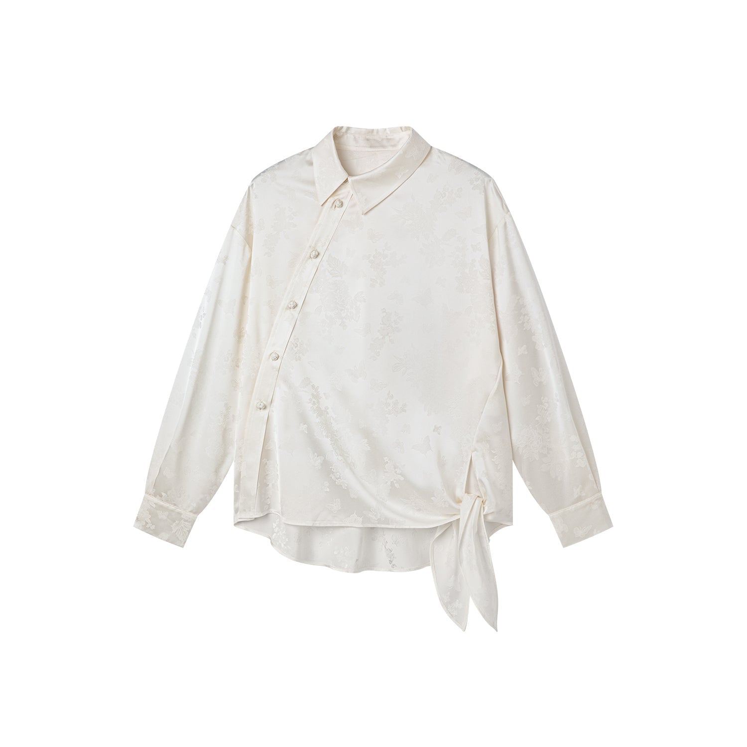 Modern chinese-style embroidered button shirt with tie hem detail