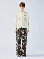 Diamond-pattern floral knit cardigan