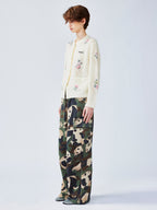 Diamond-pattern floral knit cardigan