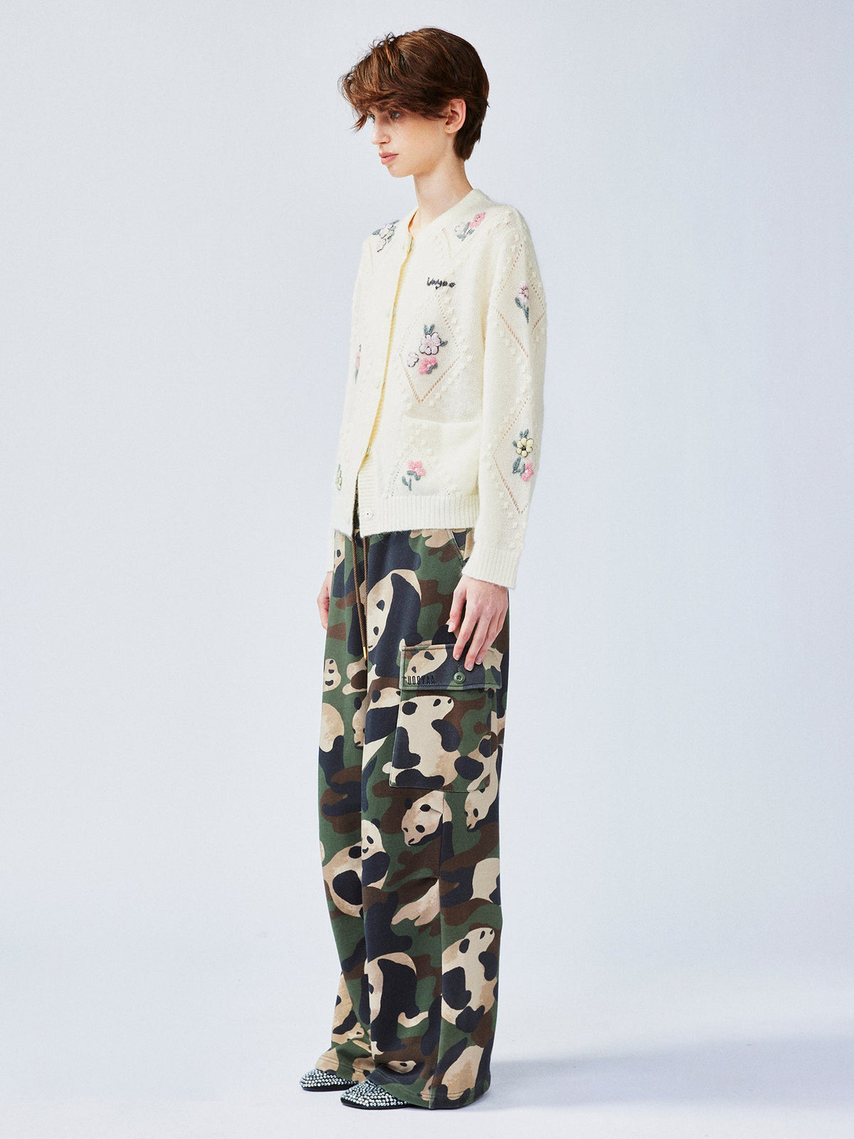 Diamond-pattern floral knit cardigan