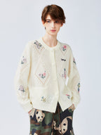 Diamond-pattern floral knit cardigan