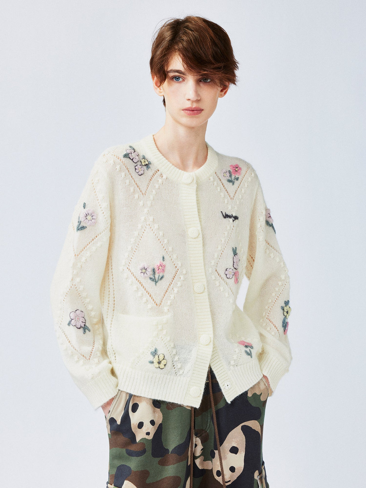 Diamond-pattern floral knit cardigan