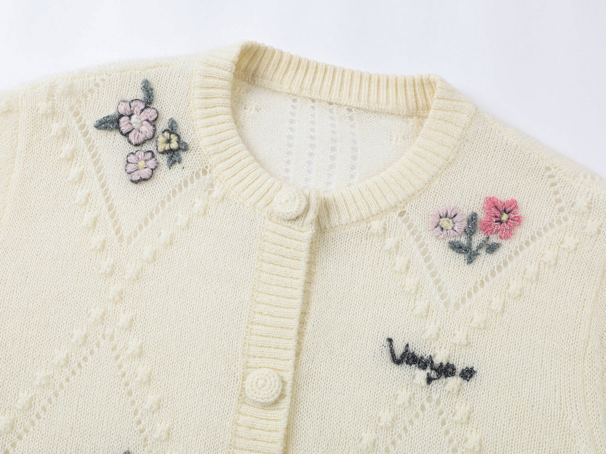 Diamond-pattern floral knit cardigan