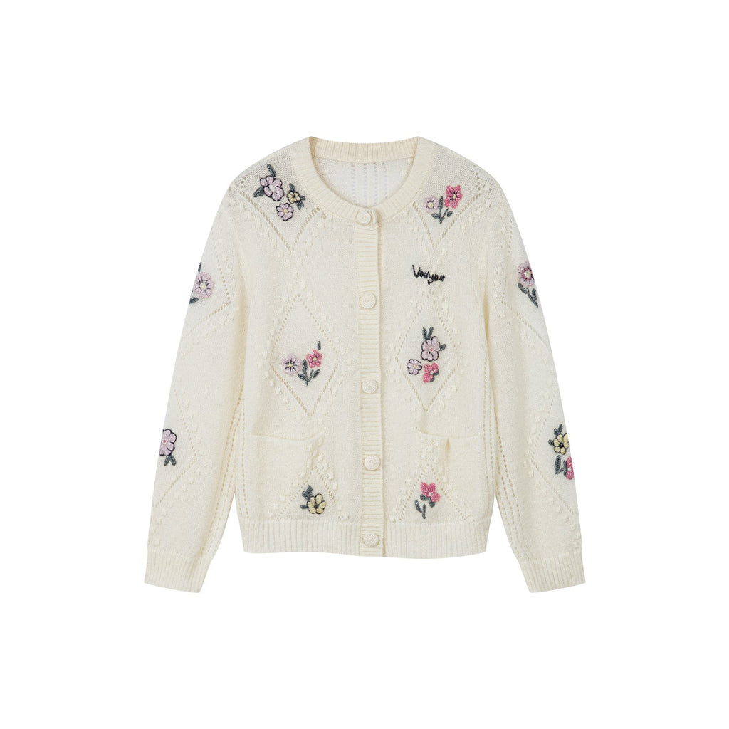 Diamond-pattern floral knit cardigan