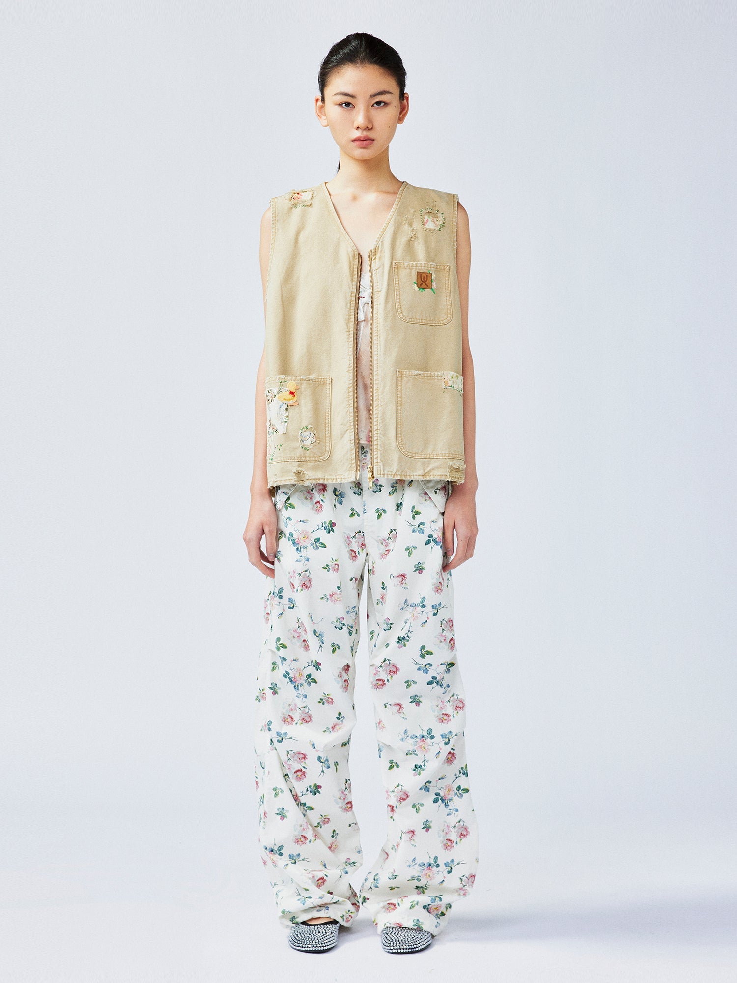 Romantic wallpaper floral parachute pants
