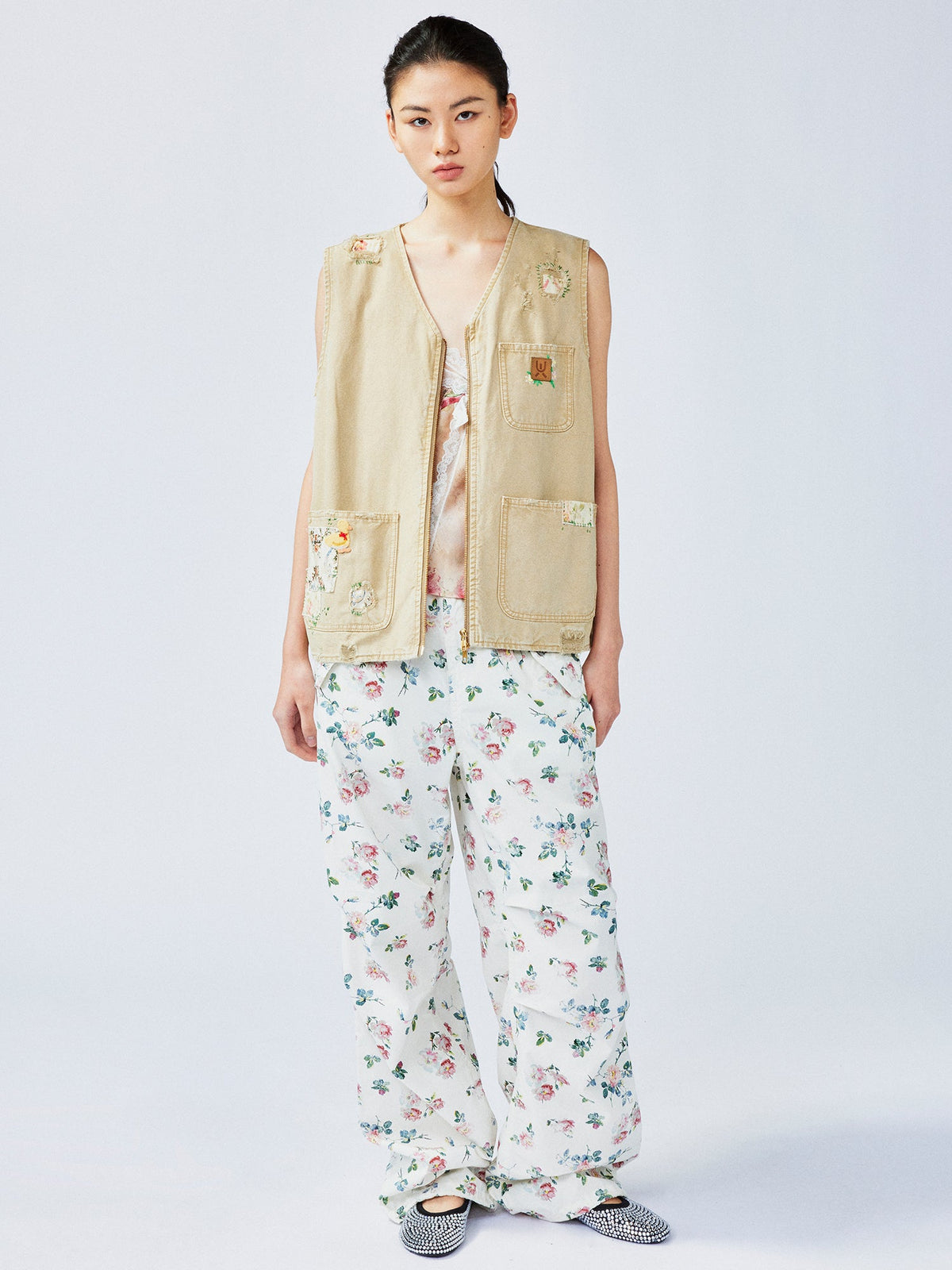 Romantic wallpaper floral parachute pants