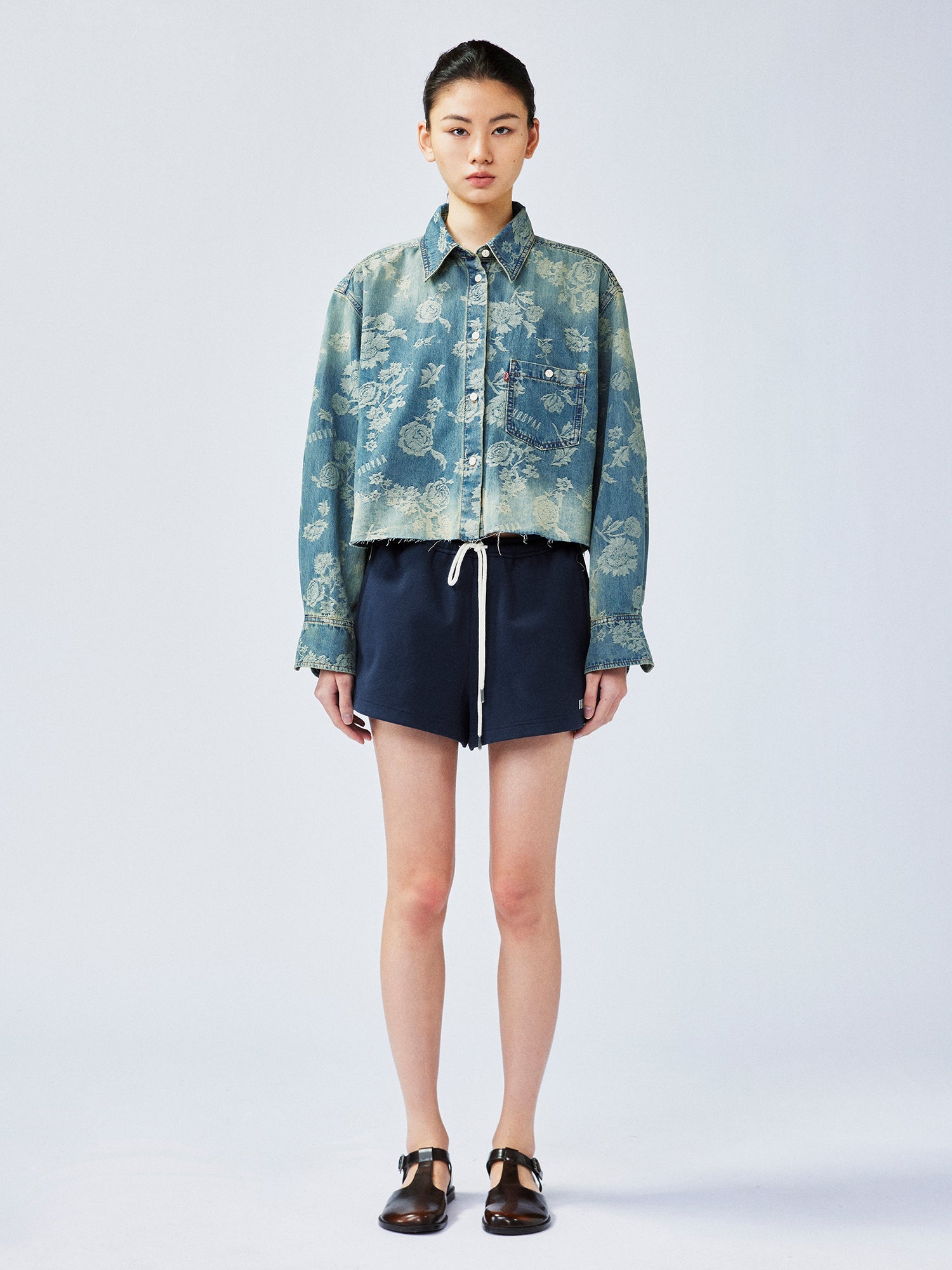 Romantic floral jacquard denim shirt