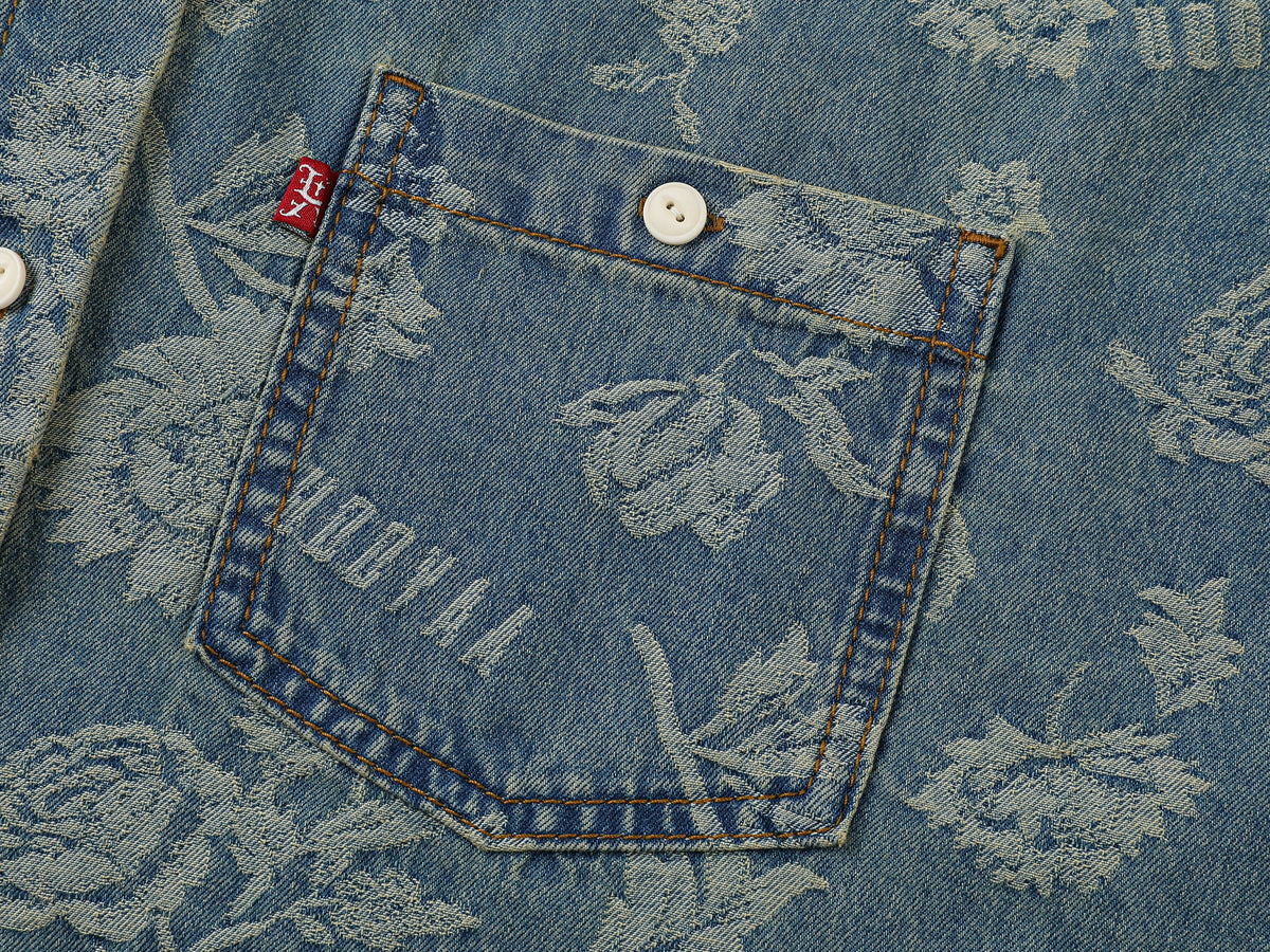 Romantic floral jacquard denim shirt