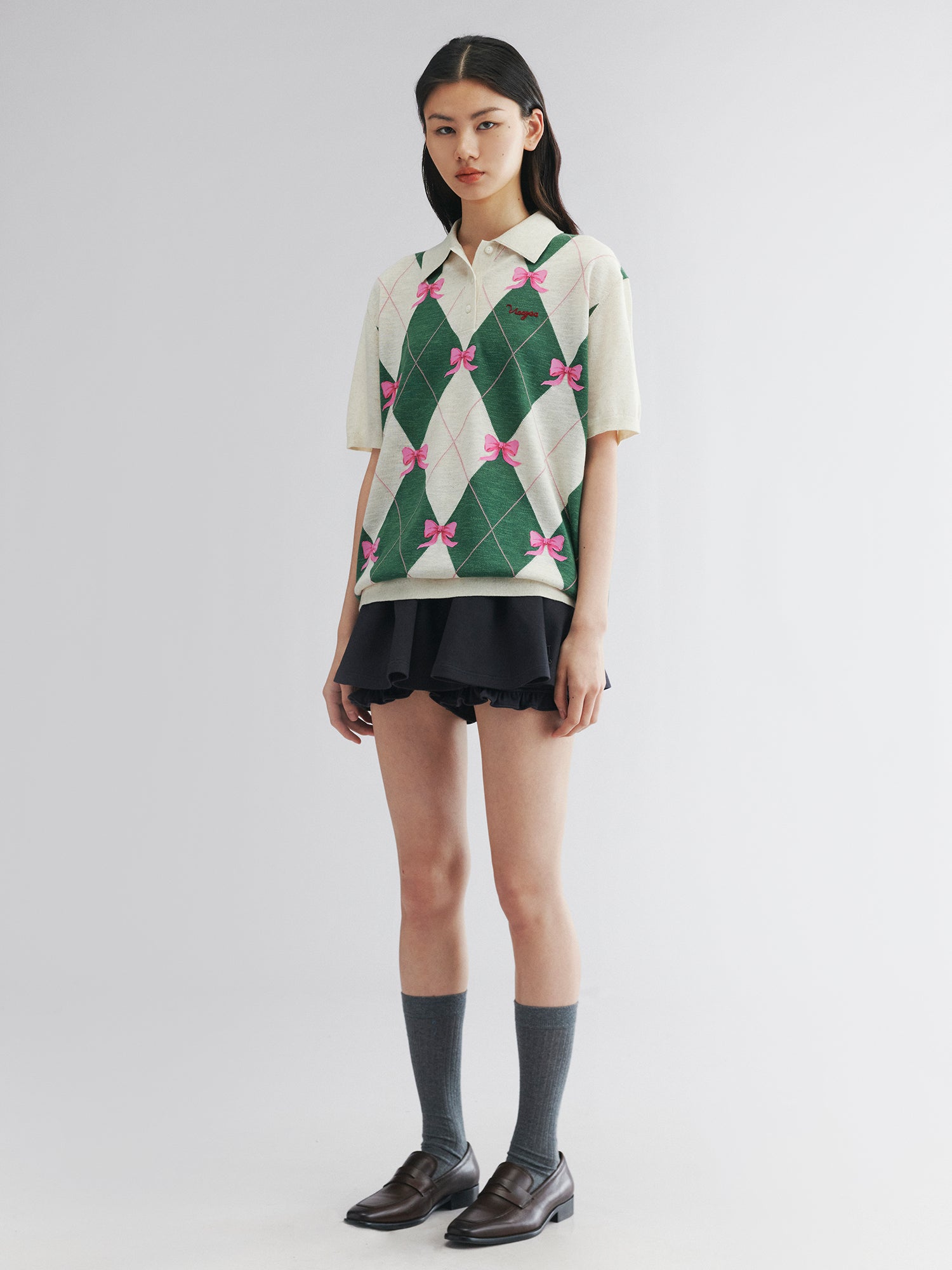 Classic bow argyle polo sweater