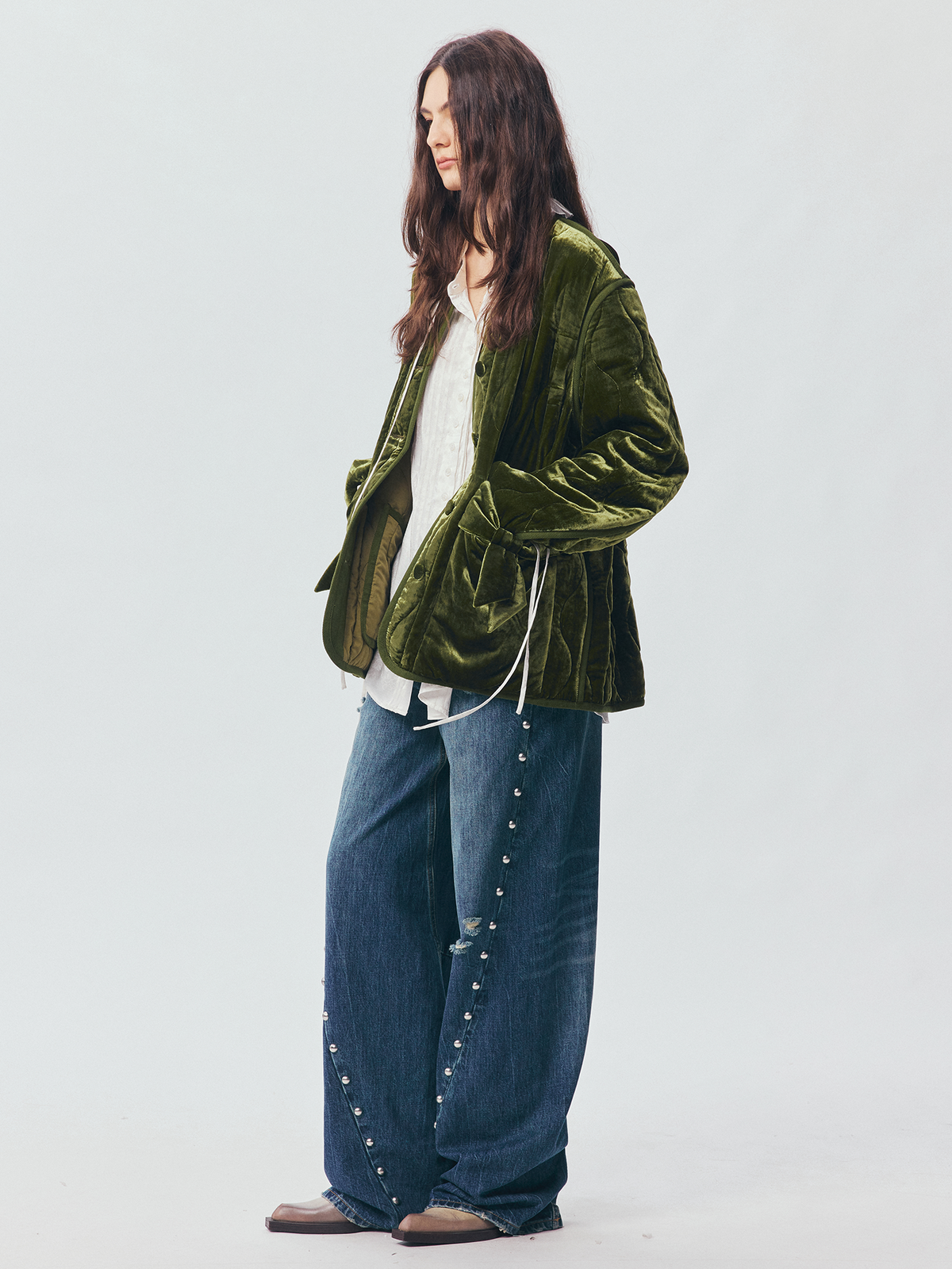 Bow-Detail Silk-Velvet Puffer Jacket