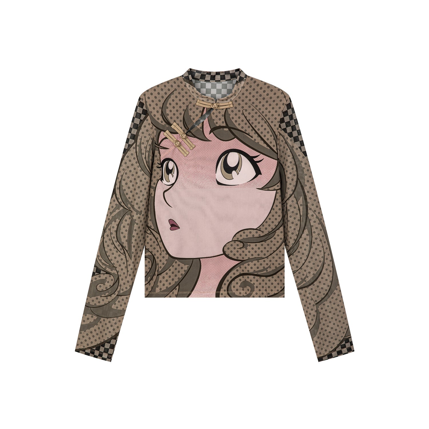Pop art comic girl chinese-style mesh top
