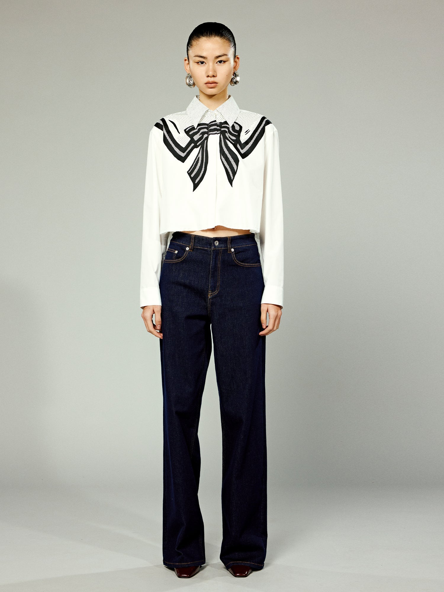 Pop art sailor collar bow cropped shirt