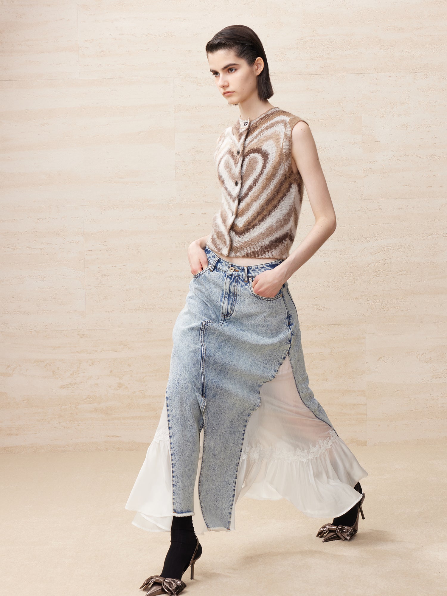Deconstructed washed denim skirt