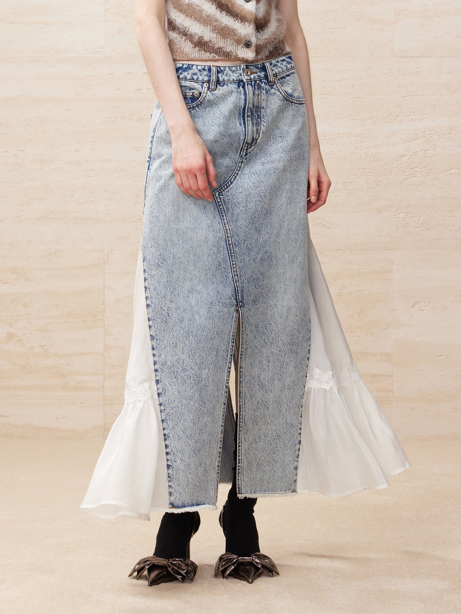 Deconstructed washed denim skirt