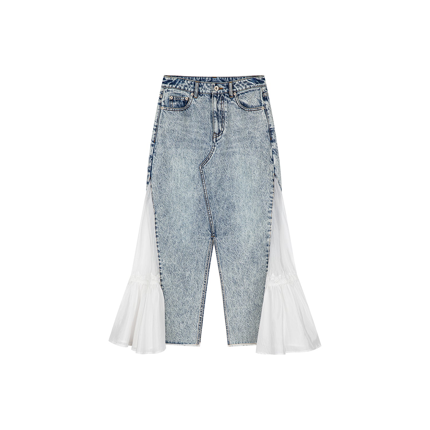Deconstructed washed denim skirt