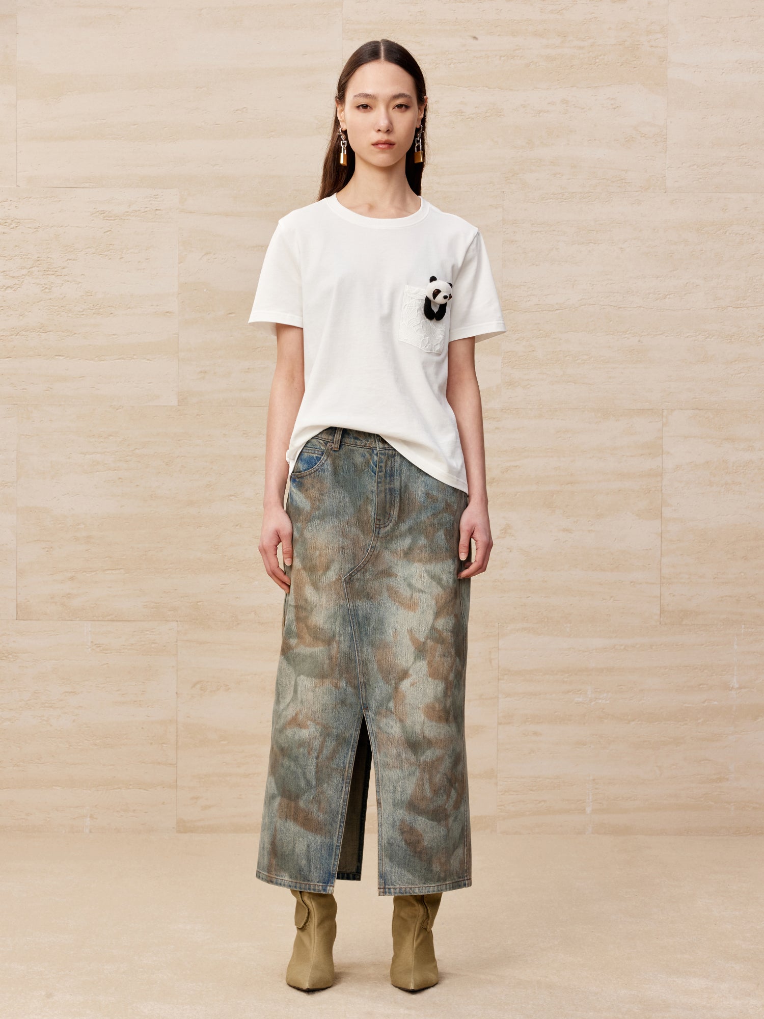 Deconstructed dirty washed denim long skirt