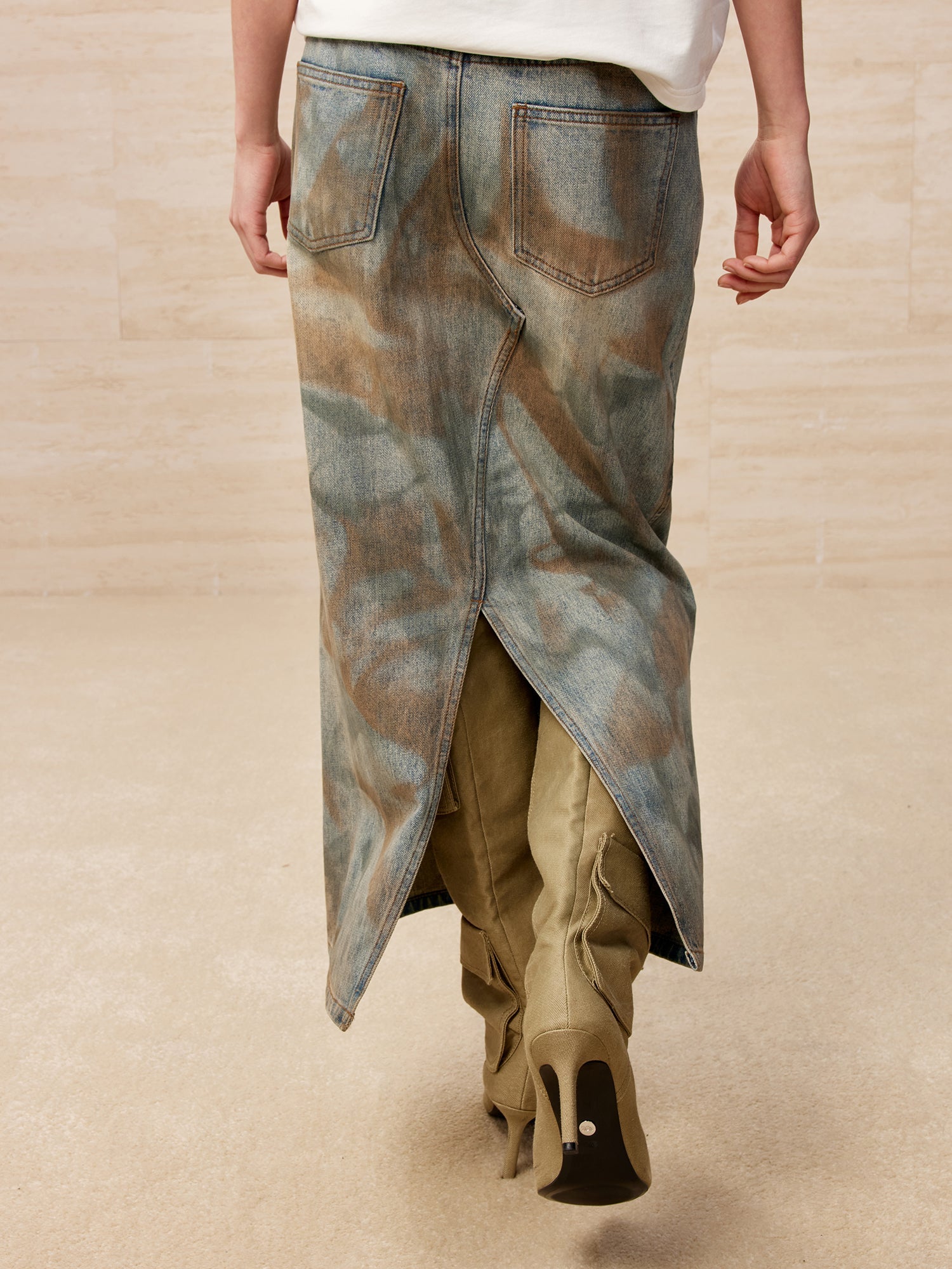 Deconstructed dirty washed denim long skirt