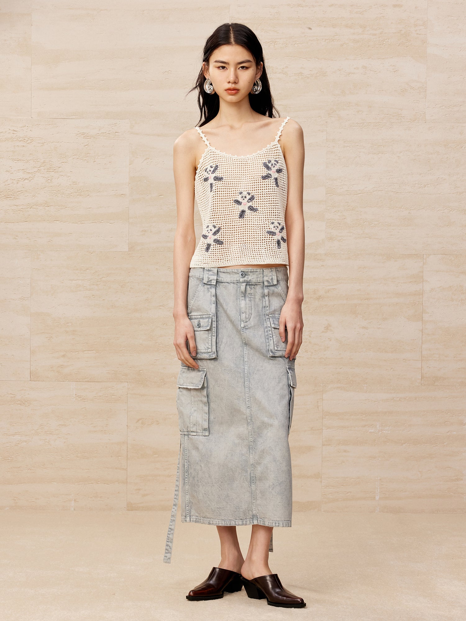 Washed denim cargo skirt