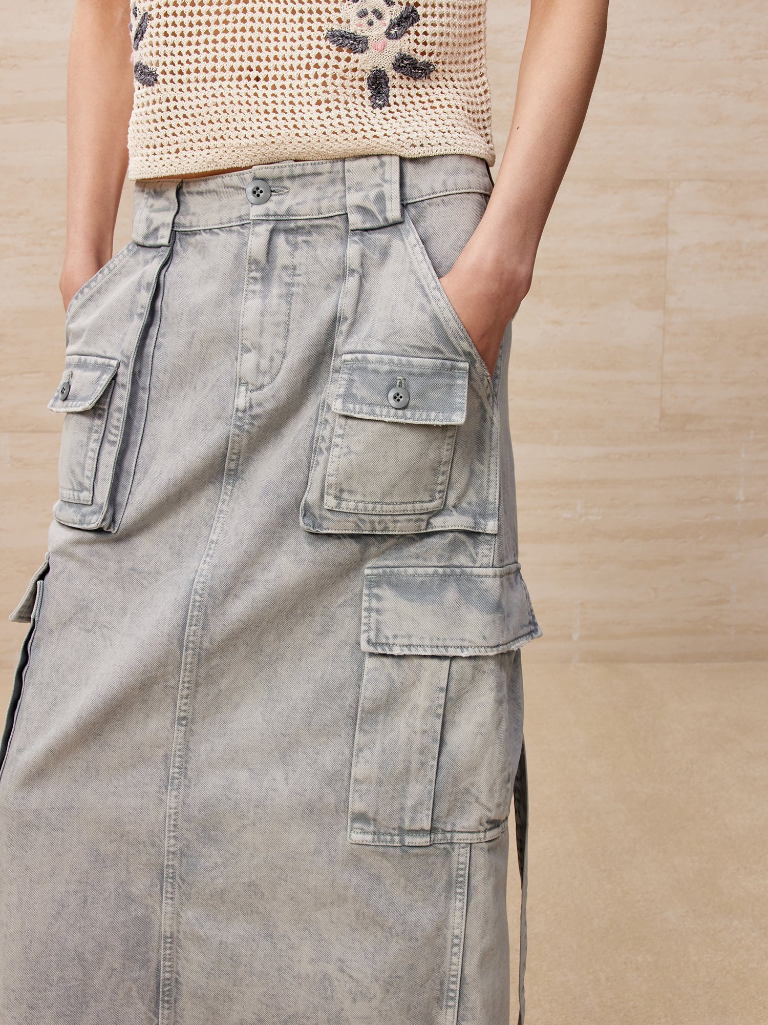 Washed denim cargo skirt