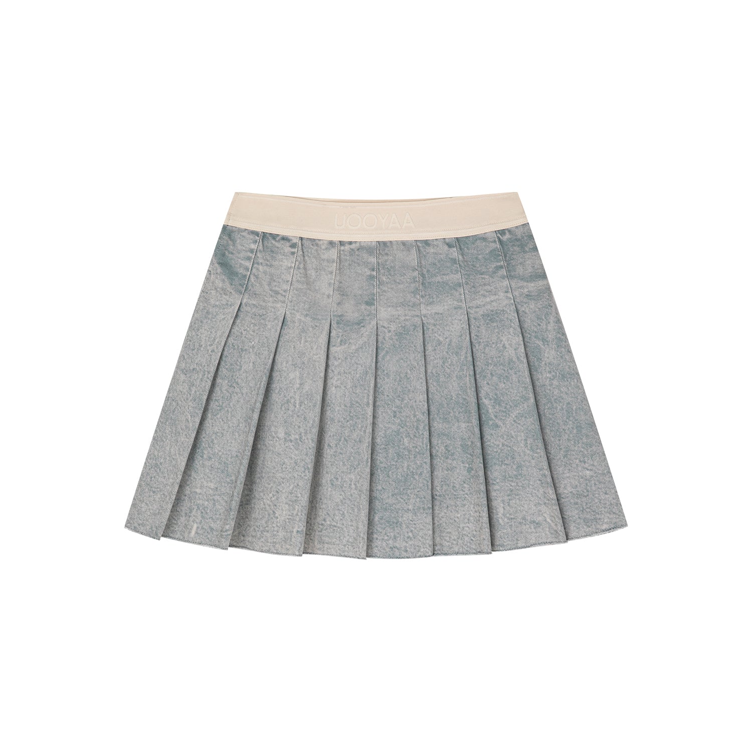 Raw edge pleated washed denim skirt