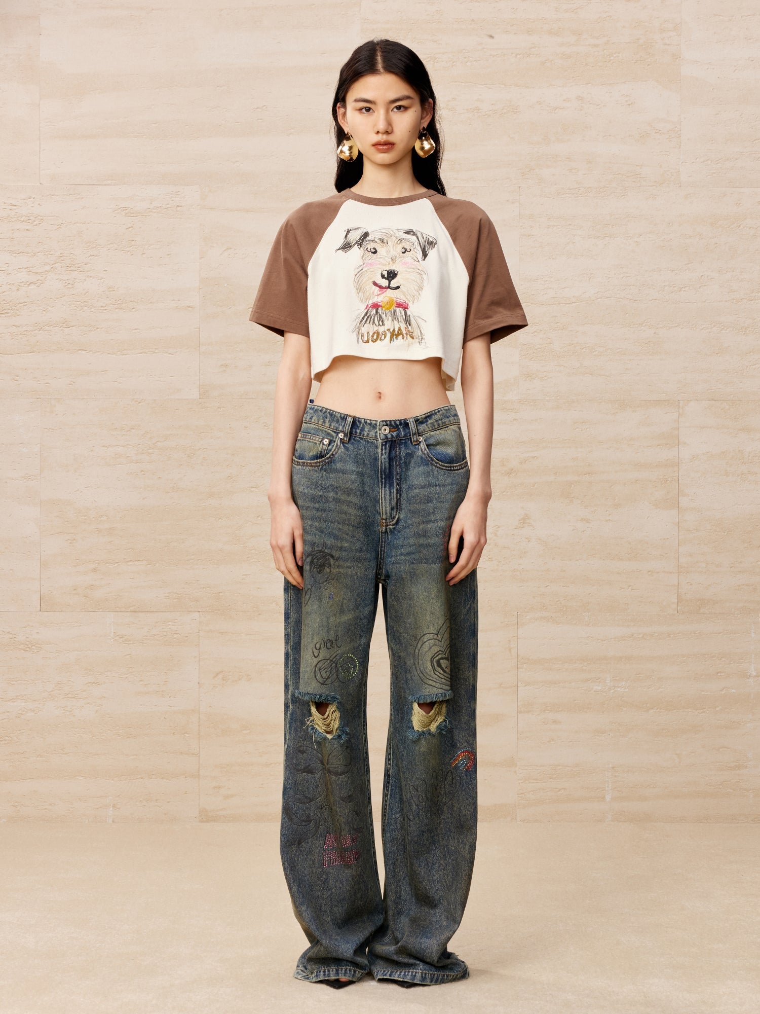 Colour pencil painting ripped wide-leg jeans