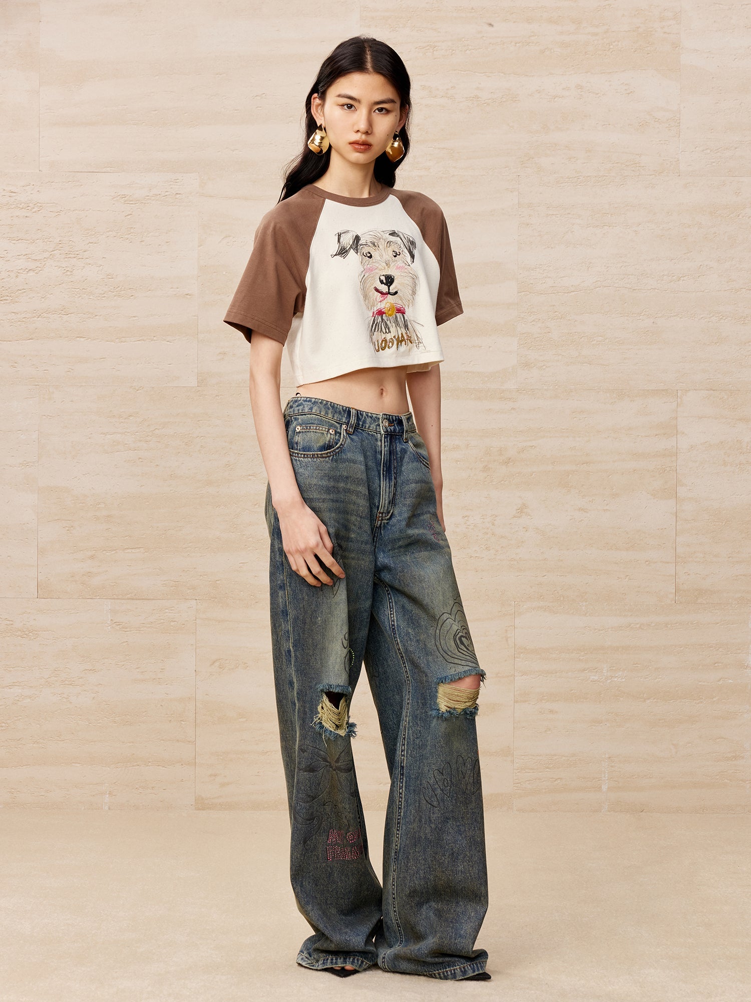 Colour pencil painting ripped wide-leg jeans