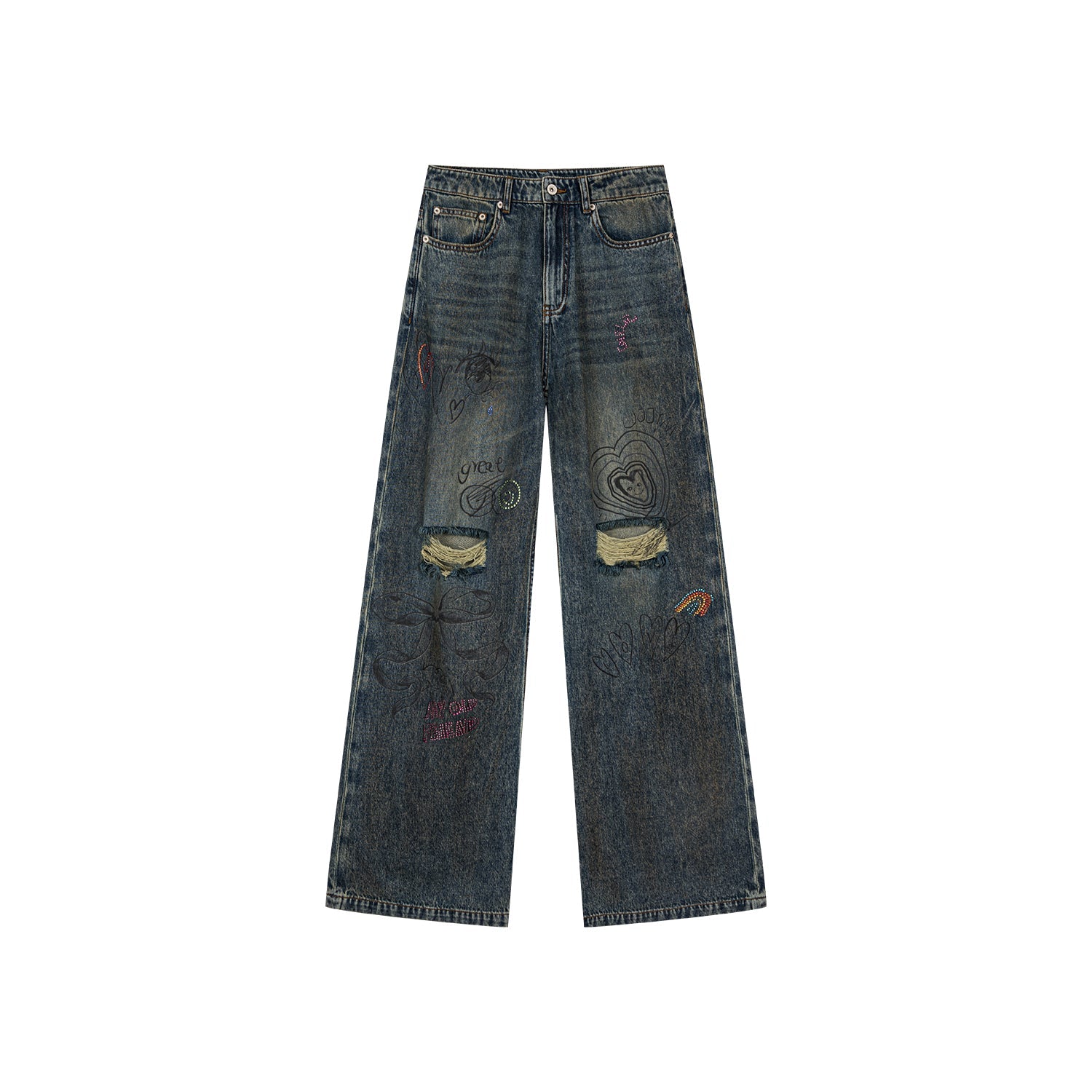 Colour pencil painting ripped wide-leg jeans