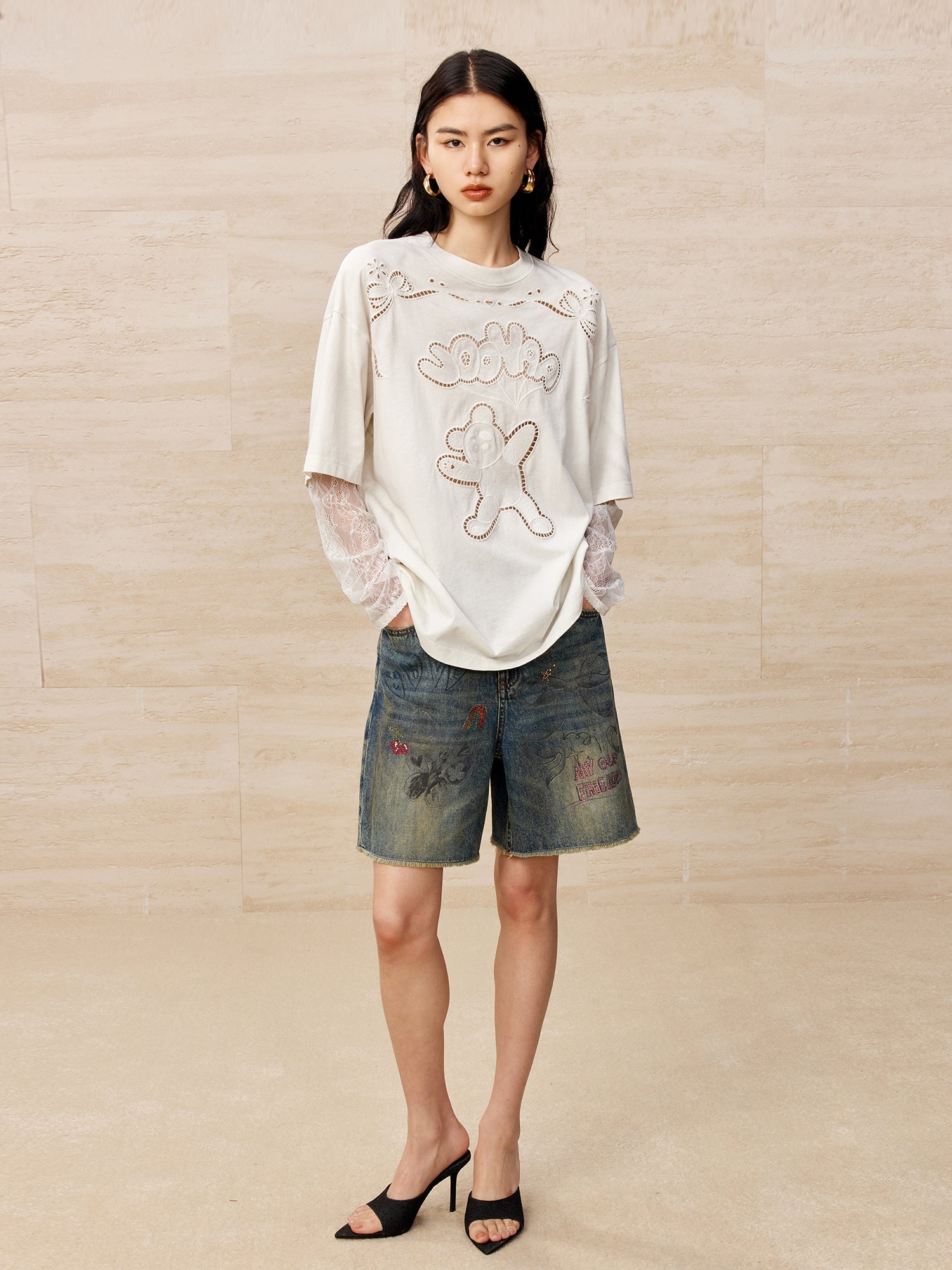 Colour pencil painting raw edge wide-leg shorts