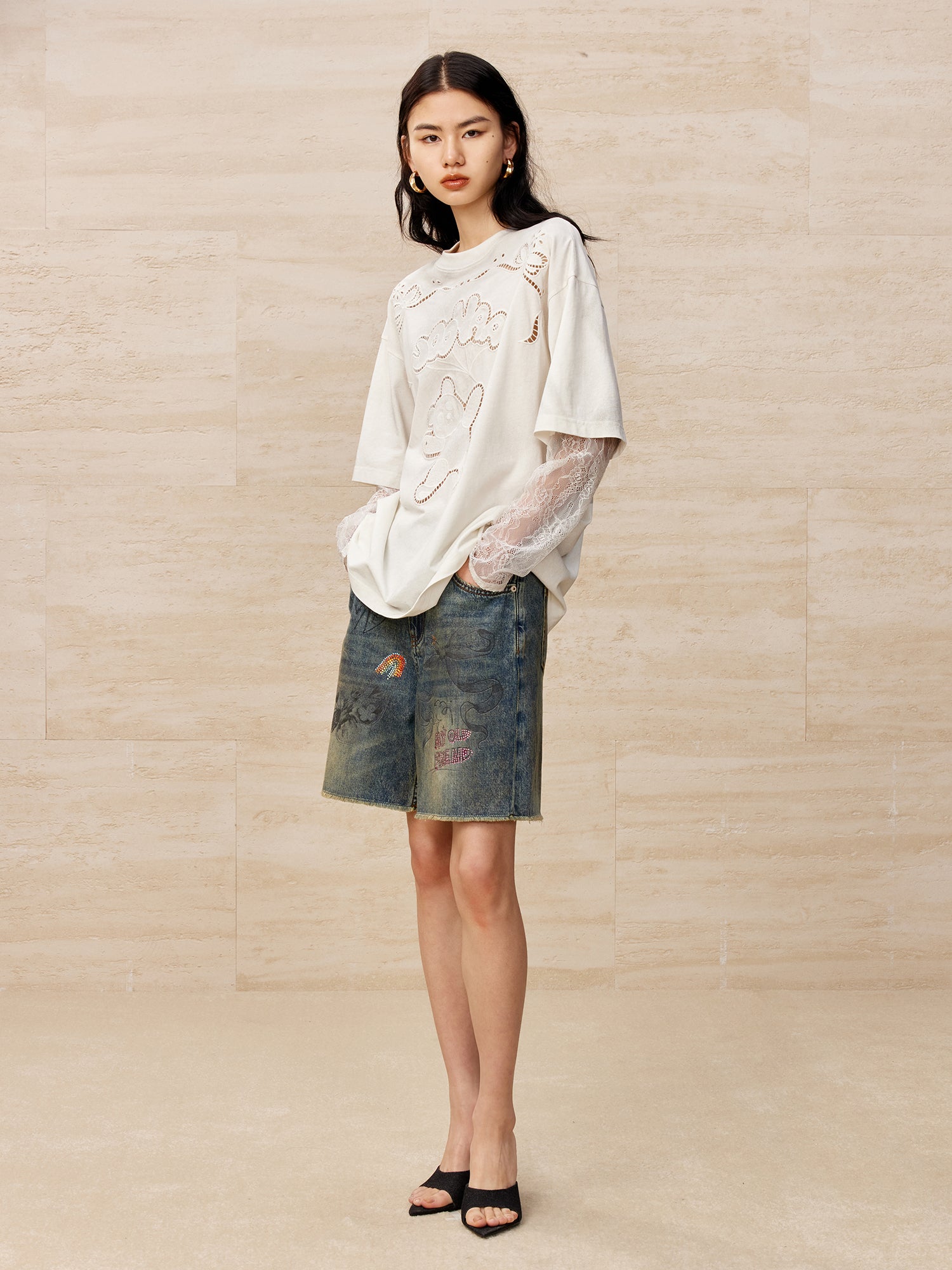 Colour pencil painting raw edge wide-leg shorts