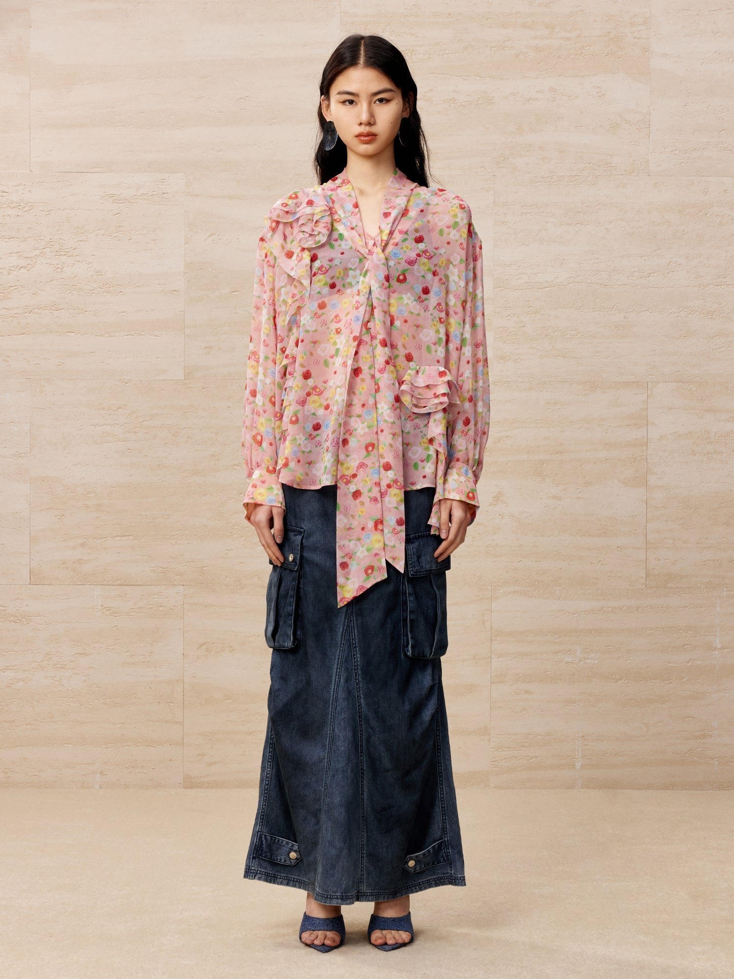 Cargo denim maxi skirt