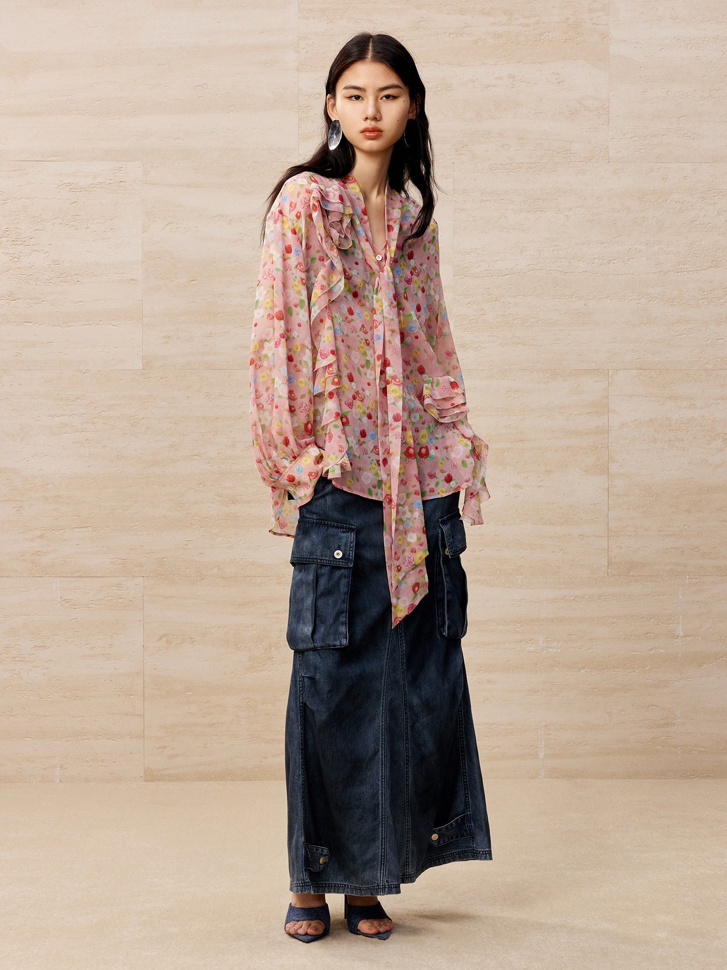 Cargo denim maxi skirt