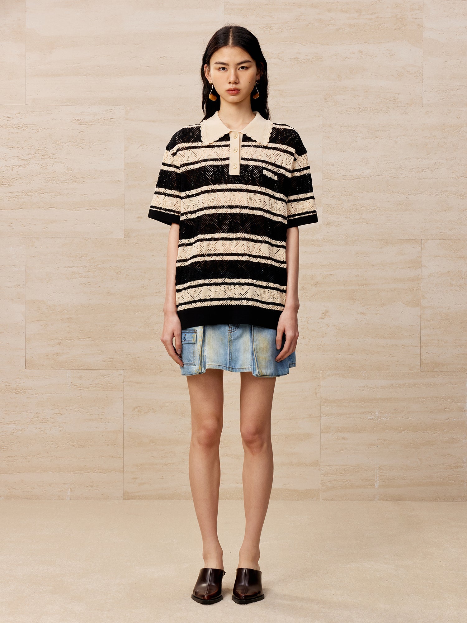 Washed denim A-line short skirt