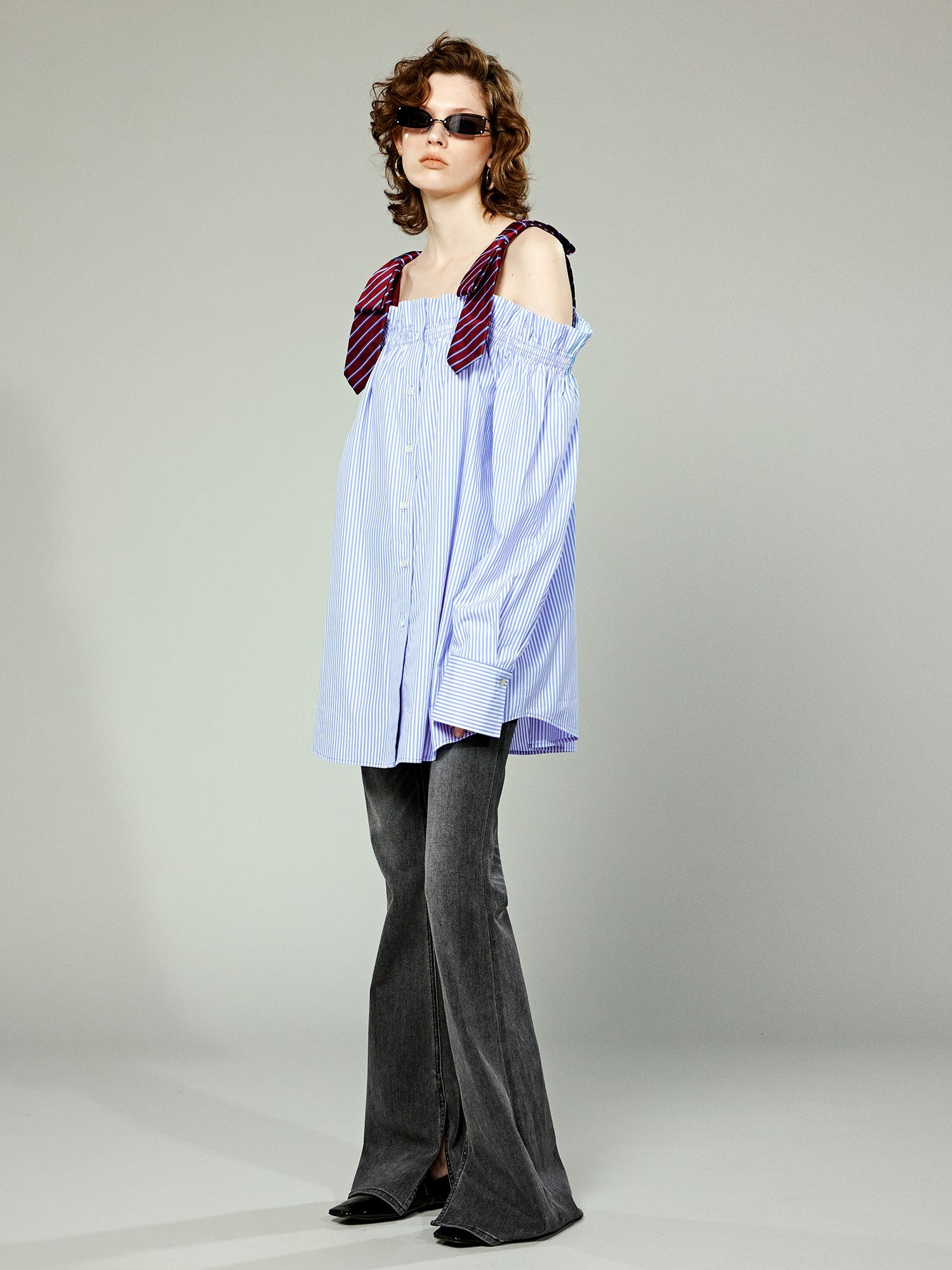 Pinstriped off-shoulder top with mens bow-tie straps