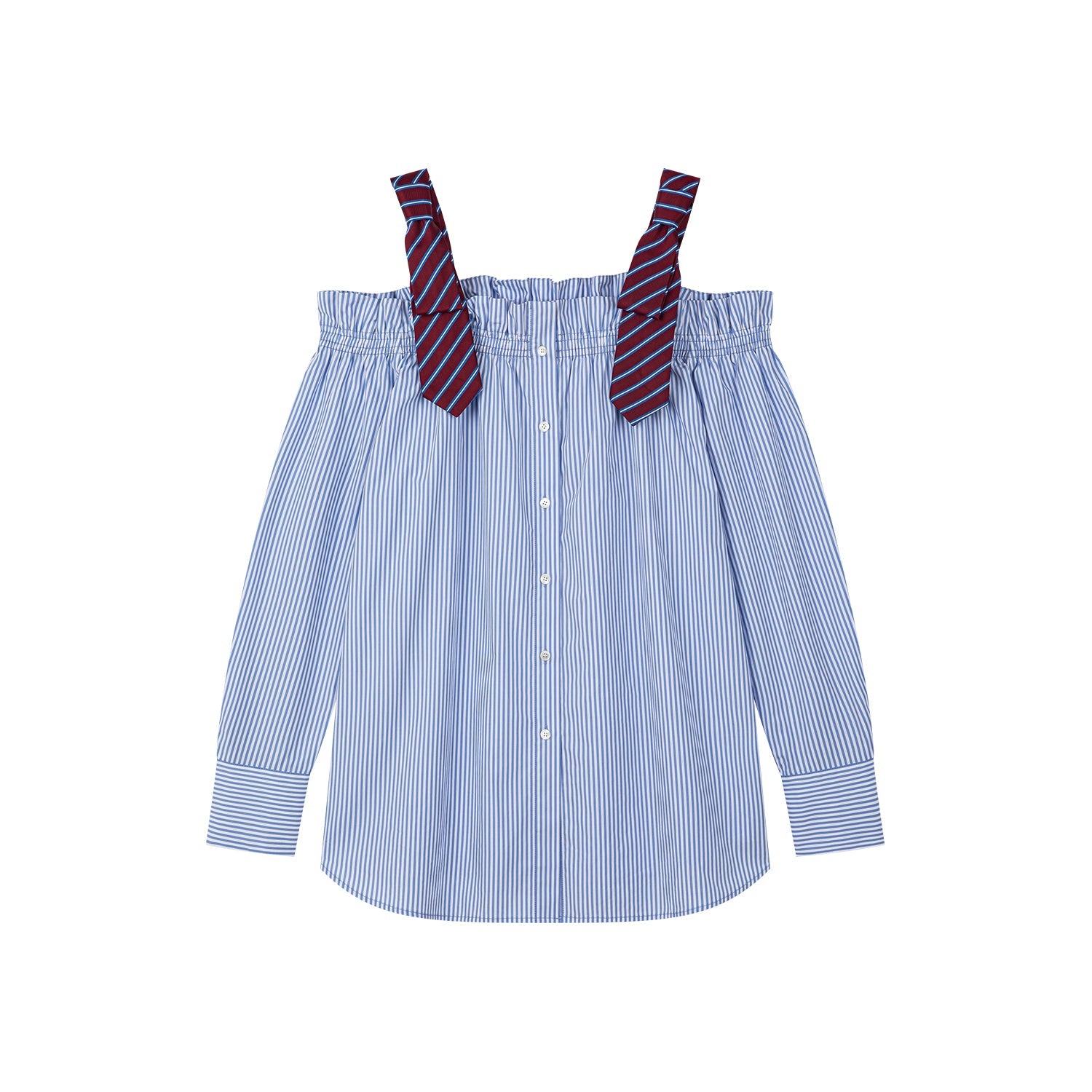 Pinstriped off-shoulder top with mens bow-tie straps