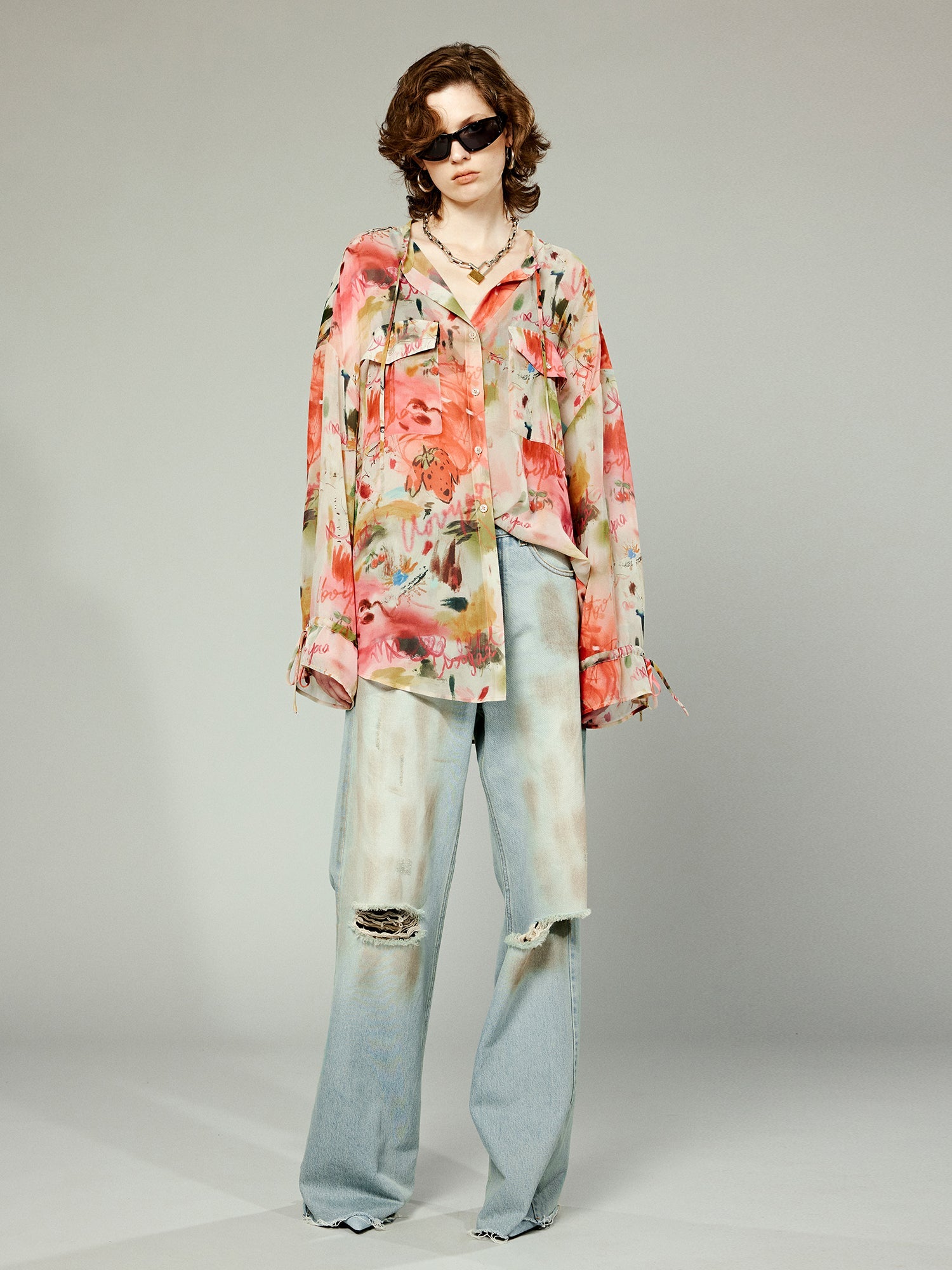 Bold artistic graffiti stand collar tie shirt