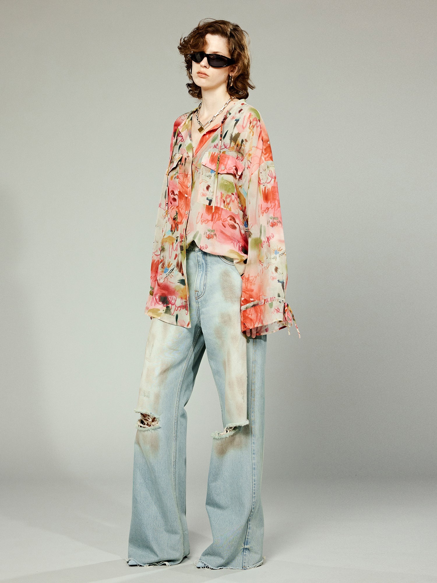 Bold artistic graffiti stand collar tie shirt