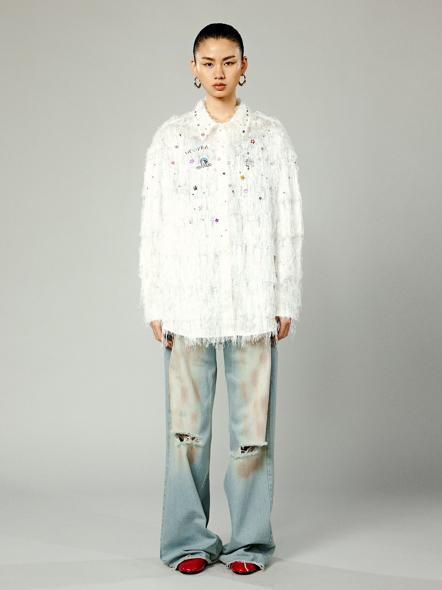 Playful sticker cutout fringe shirt jacket