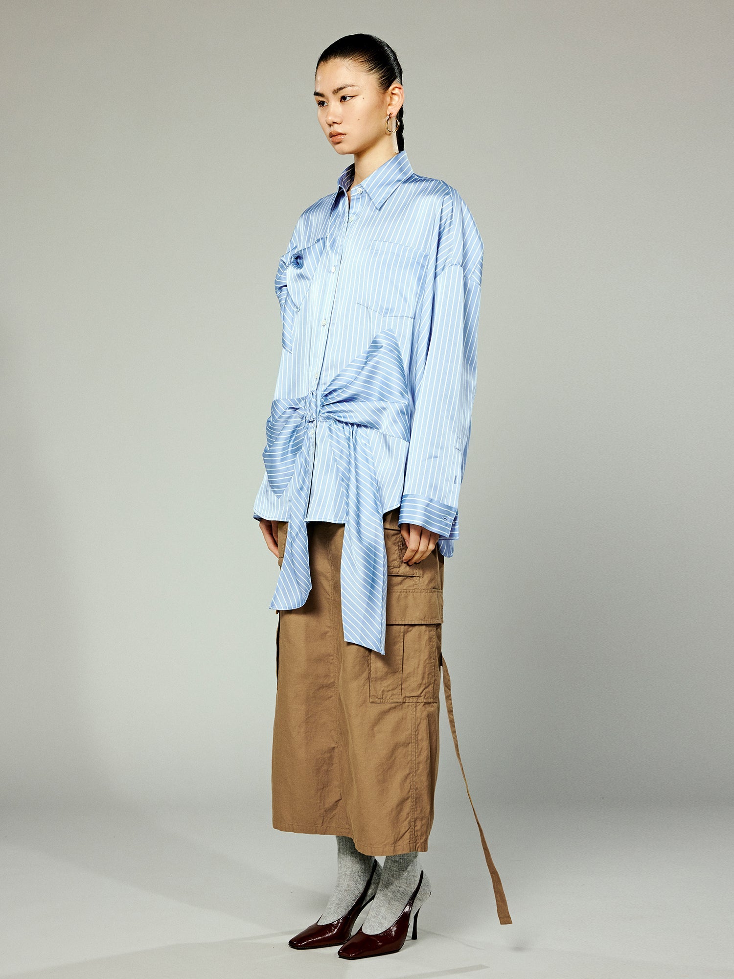 Handcrafted 3D bow pinstripe satin shirt