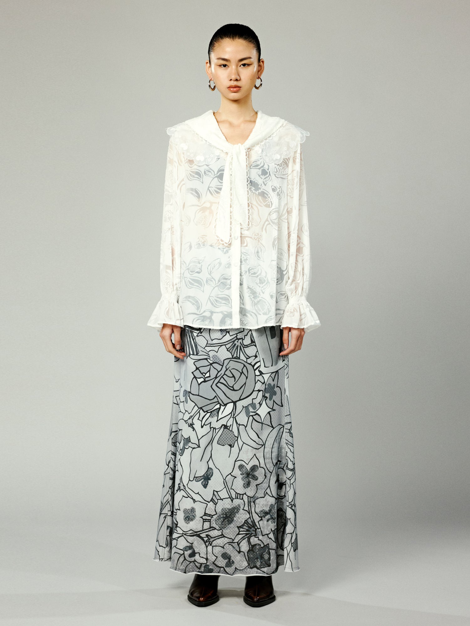 Velvet floral lace sailor collar shirt