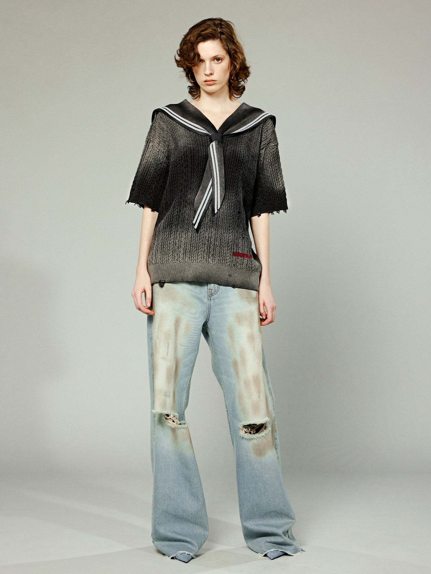 Washed cable knit sailor collar sweater t-shirt