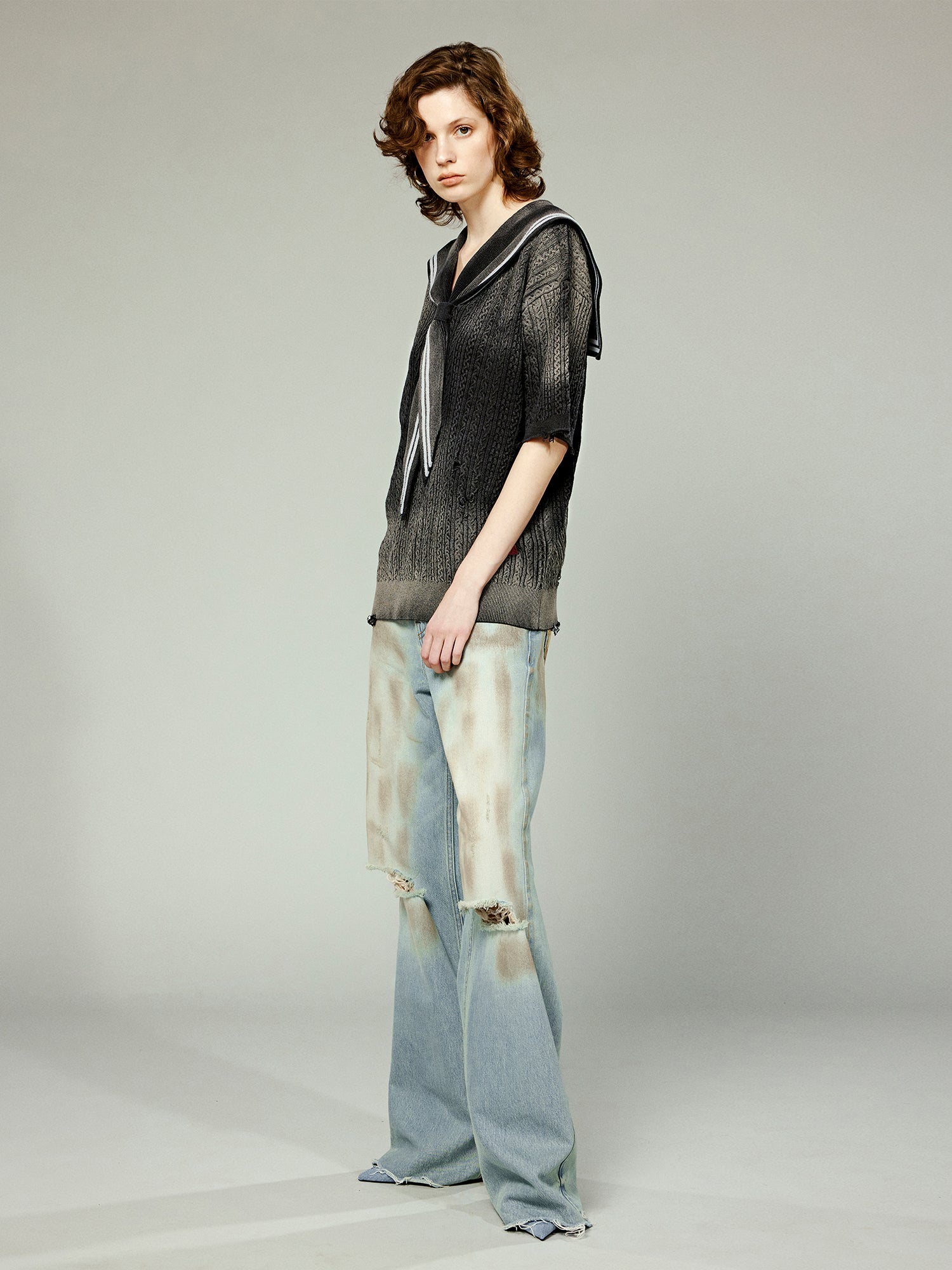 Washed cable knit sailor collar sweater t-shirt