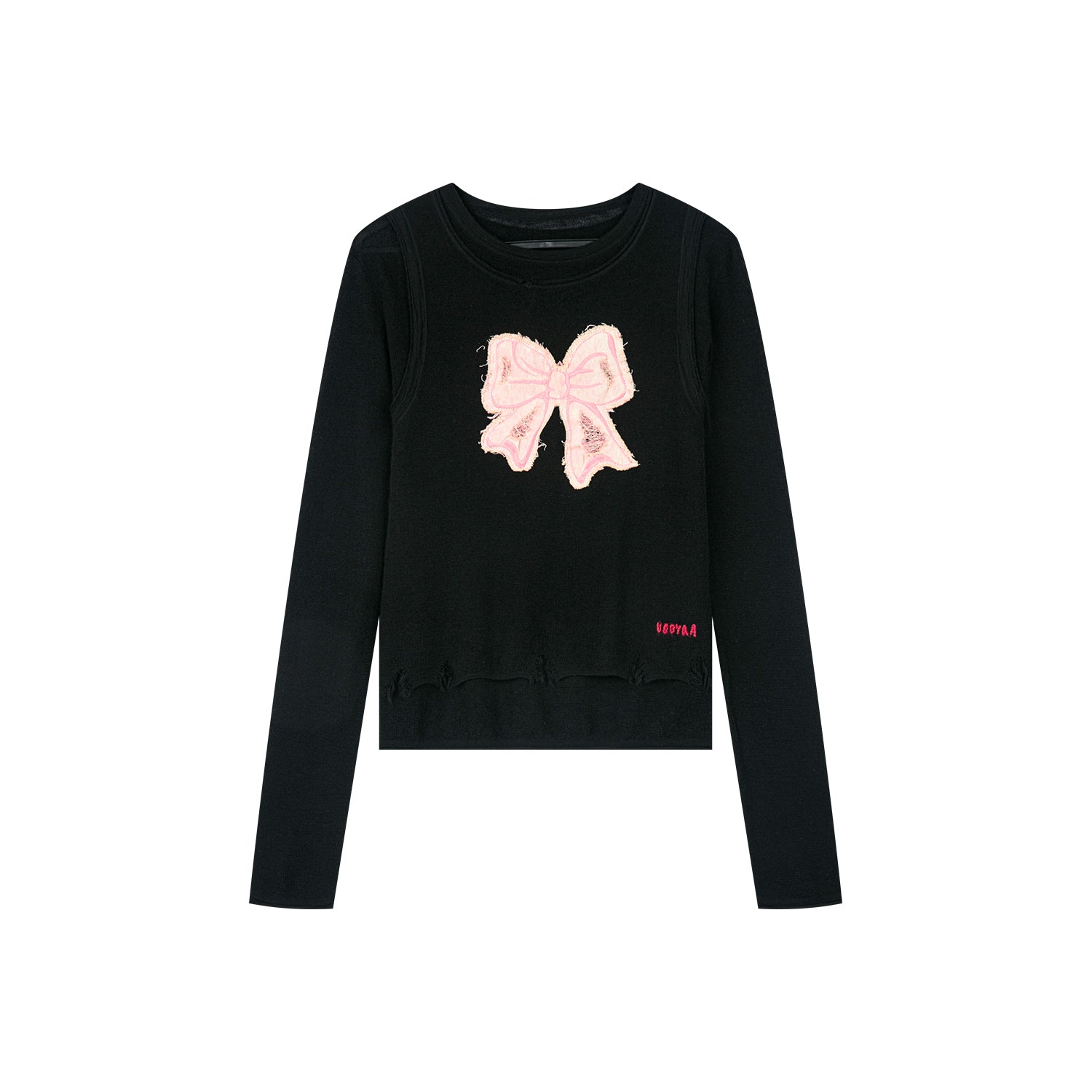 Distressed faux-layered bow sweater